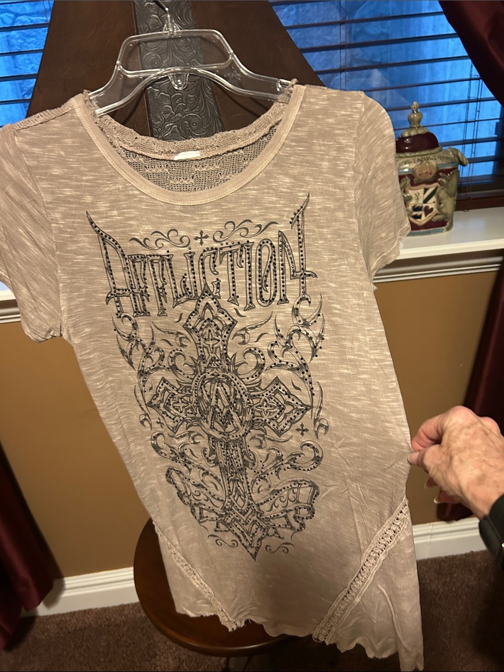Affliction Taupe Short Sleeve Tee with Black Graphic Cross
